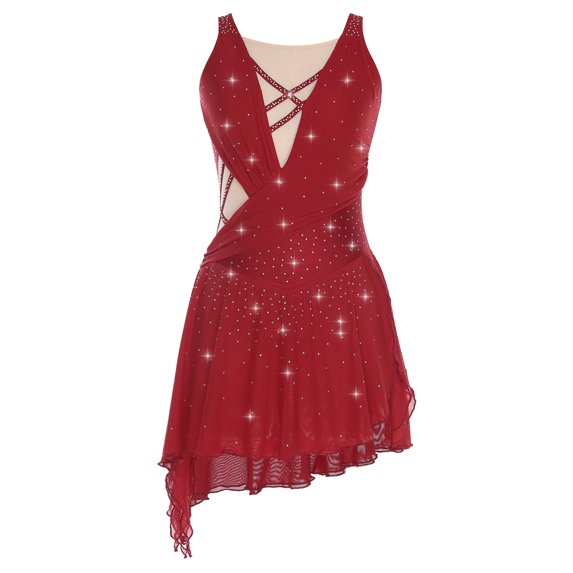 Sholeno Women Dance Dress Rhinestones Adorned Straps Backless Side Slit Flowy Asymmetrical Hem Dress Burgundy L