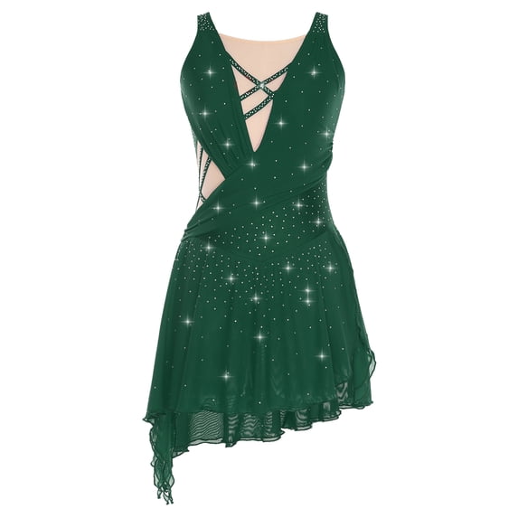 Sholeno Women Dance Dress Rhinestones Adorned Straps Backless Side Slit Flowy Asymmetrical Hem Dress Dark Green S