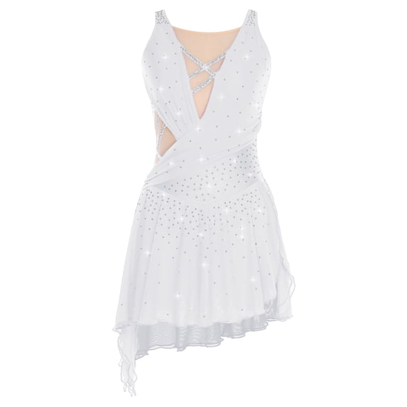 Sholeno Women Dance Dress Rhinestones Adorned Straps Backless Side Slit Flowy Asymmetrical Hem Dress White L