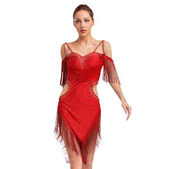 Sholeno Women Fringe Latin Dance Dress Irregular Rumba Tango Salsa Ballroom Dancing Cocktail Party Dress Burgundy S