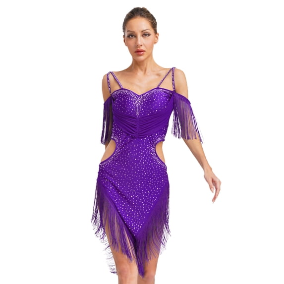 Sholeno Women Fringe Latin Dance Dress Irregular Rumba Tango Salsa Ballroom Dancing Cocktail Party Dress Purple XXL