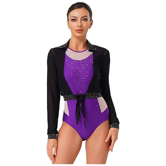 Sholeno Women Gymnastics Ballet Leotard with Open Front Cardigan Tops Figure Skating Dancewear Set Royal Black S