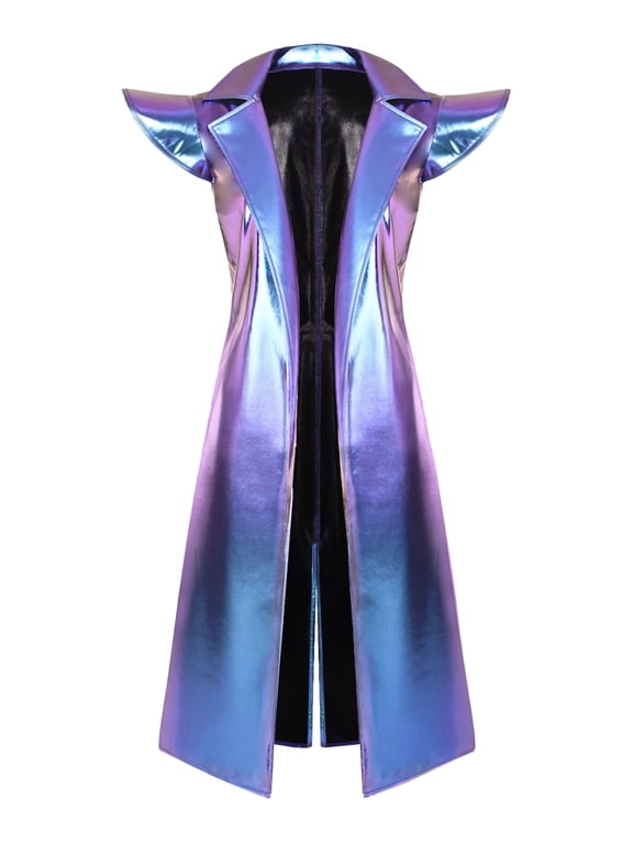 Women Lapel Collar Trench Coat Maxi Y2k Streetwear Hip Hop Futuristic Outfits Shiny Metallic Coat Outerwear Blue L