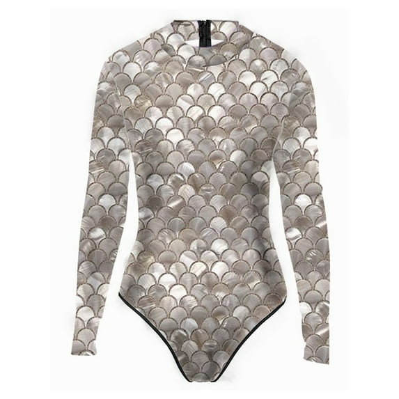 Sholeno Women One Piece Long Sleeve Rash Guard Swimsuit Mermaid Print Surfing Swimwear Bathing Suit Champagne S