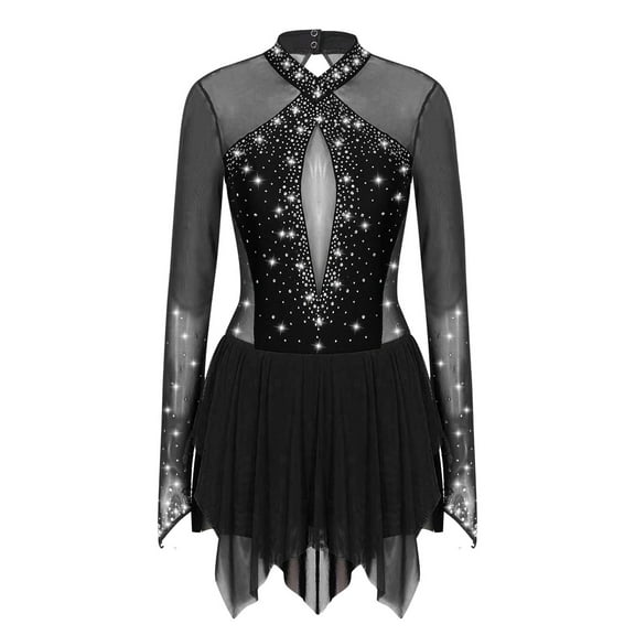 Sholeno Women Rhinestone Figure Ice Skating Dress Long Sleeve High Low Hem Roller Skating Gymnastic Black XL