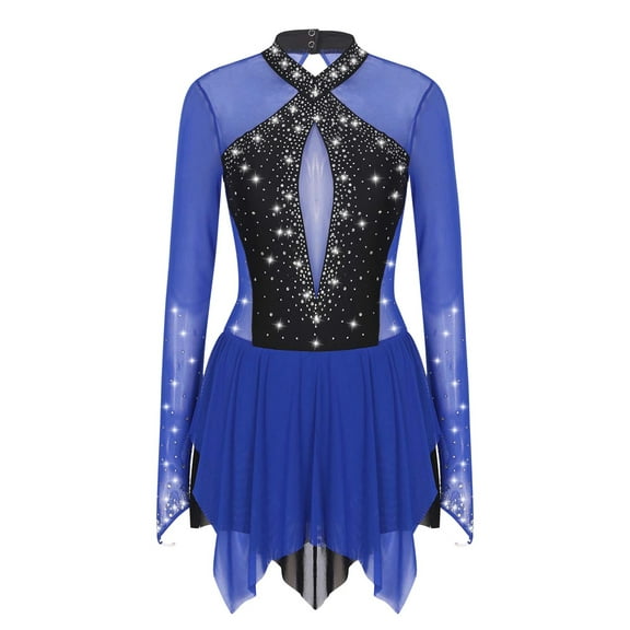 Sholeno Women Rhinestone Figure Ice Skating Dress Long Sleeve High Low Hem Roller Skating Gymnastic Blue M