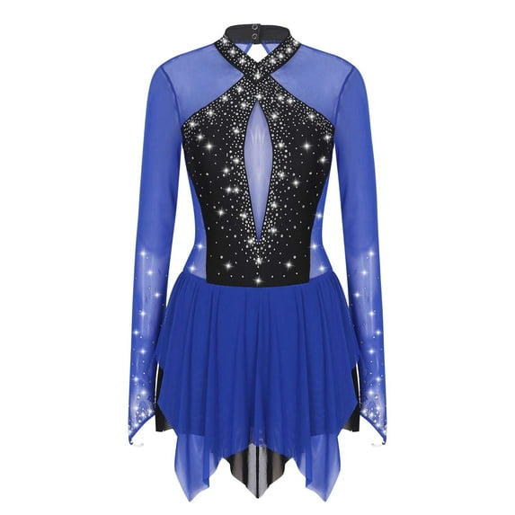 Sholeno Women Rhinestone Figure Ice Skating Dress Long Sleeve High Low Hem Roller Skating Gymnastic Blue M