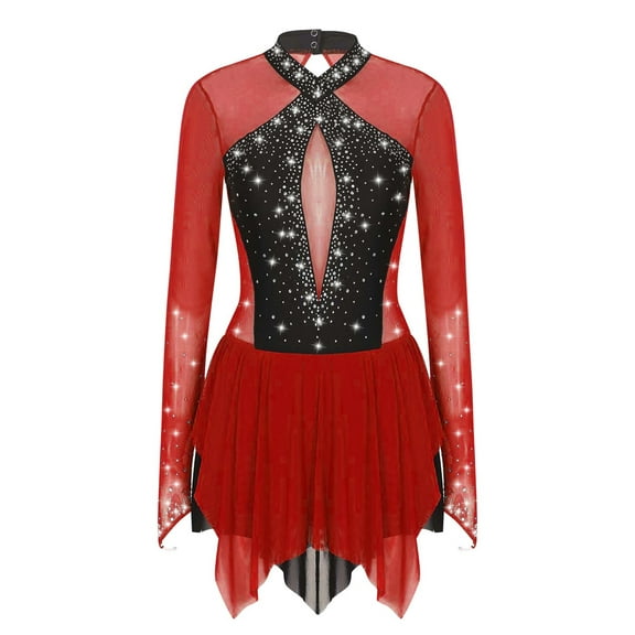 Sholeno Women Rhinestone Figure Ice Skating Dress Long Sleeve High Low Hem Roller Skating Gymnastic Burgundy M
