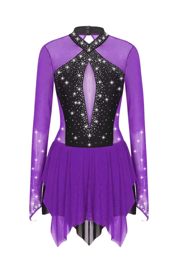 Women Rhinestone Figure Ice Skating Dress Long Sleeve High Low Hem Roller Skating Gymnastic Purple XL