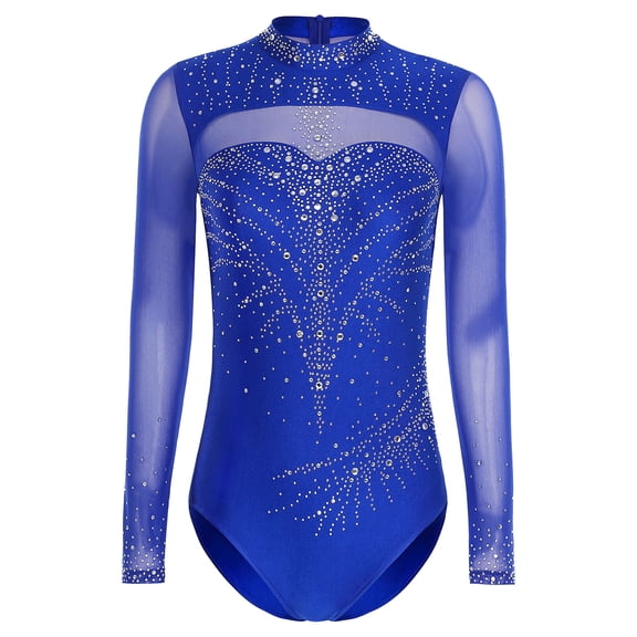 Sholeno Women Rhinestone Gymnastics Leotard Long Sleeve Figure Skating Ballet Dance Bodysuit Unitard Royal Blue S