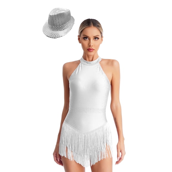 Sholeno Women Rhinestone Latin Jazz Dance Costume Backless Salsa Cha-Cha Rumba Dancewear Tassel White M