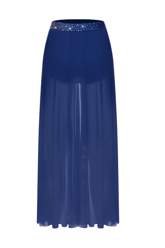 Women Sheer Chiffon Long Dance Skirt for Belly Ballet Dancing Performance Maxi Skirt Navy Blue L