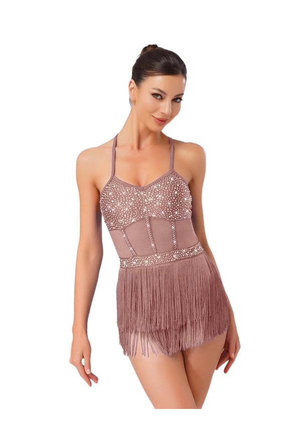 Women Tassel Leotard Halter Sleeveless Backless Fringe Latin Dance Dress Short Jumpsuit Dusty Pink S