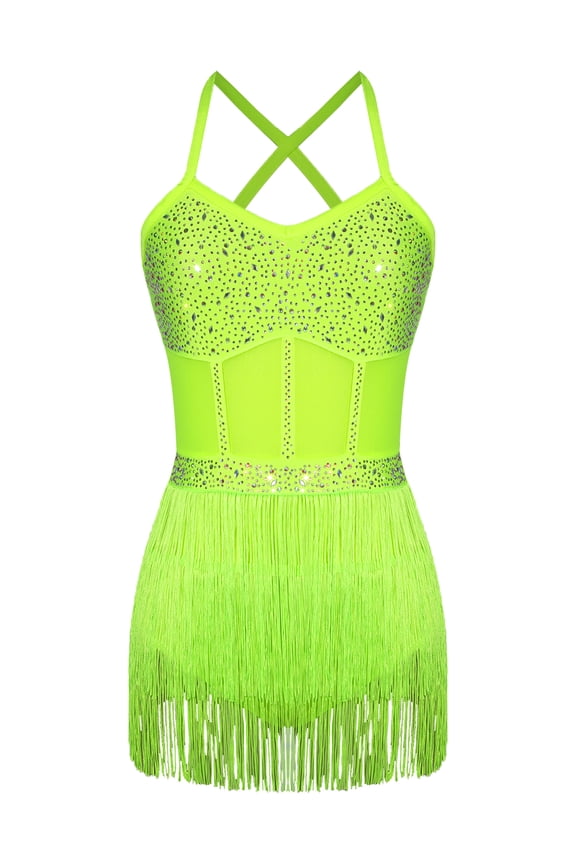 Women Tassel Leotard Halter Sleeveless Backless Fringe Latin Dance Dress Short Jumpsuit Fluorescent Yellow S
