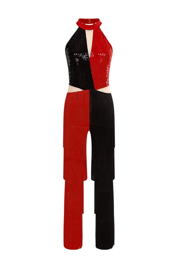 Women's 70s Disco Jumpsuit Color Block Hippies Rompers Sequin Fringe Long Pants Latin Dancewear Red S
