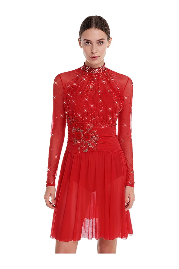Women's Applique Lyrical Dance Dress Long Sleeve Figure Skating Dress Modern Dancewear Red L
