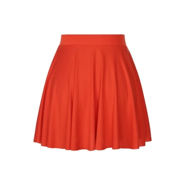 Sholeno Women's Basic Versatile Flared Stretchy Waist Skated Skirt Casual Mini Plain Pleated Skirt Red One Size