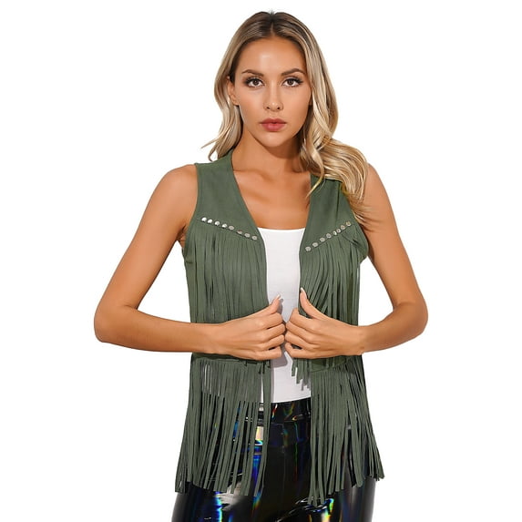 Sholeno Women's Fringe Vest Sleeveless 70s Hippie Faux Suede Rivets Tassel Jacket Cardigan Tops Army Green L