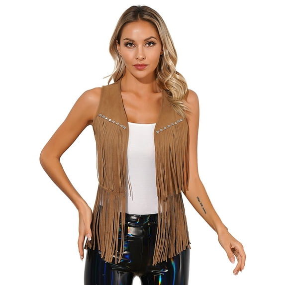 Sholeno Women's Fringe Vest Sleeveless 70s Hippie Faux Suede Rivets Tassel Jacket Cardigan Tops Brown S