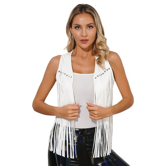 Sholeno Women's Fringe Vest Sleeveless 70s Hippie Faux Suede Rivets Tassel Jacket Cardigan Tops White XXL