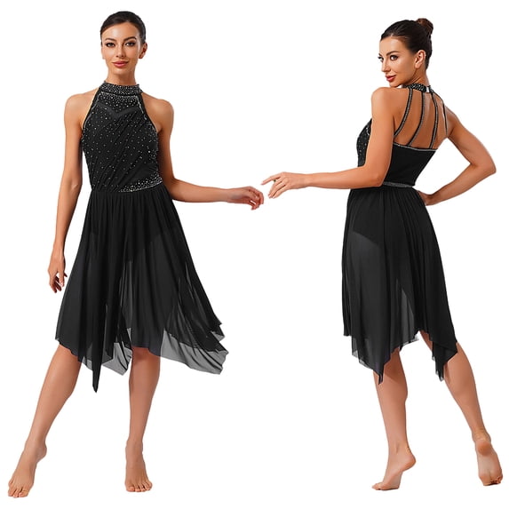 Sholeno Women's Glittery Lyrical Ballet Dance Dress Irregular Mesh Ruffled Skirt Modern Dancing Outfit Black XXL