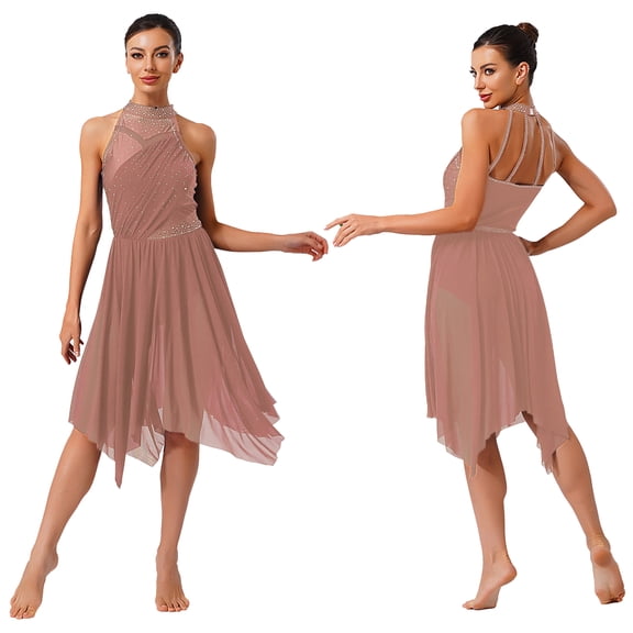 Sholeno Women's Glittery Lyrical Ballet Dance Dress Irregular Mesh Ruffled Skirt Modern Dancing Outfit Red Brown M