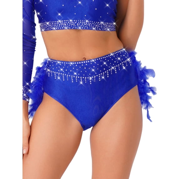 Sholeno Women's Glittery Rhinestone Lyrical Ballet Skirt Feather High Waist Ballerina Shorts Royal Blue XXL