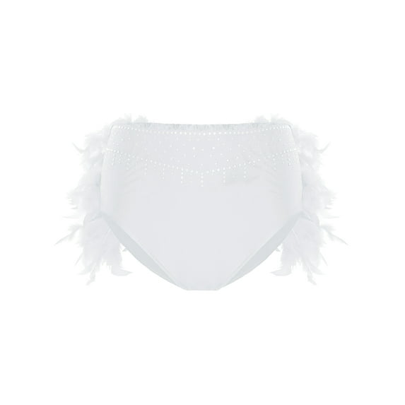 Sholeno Women's Glittery Rhinestone Lyrical Ballet Skirt Feather High Waist Ballerina Shorts White XL