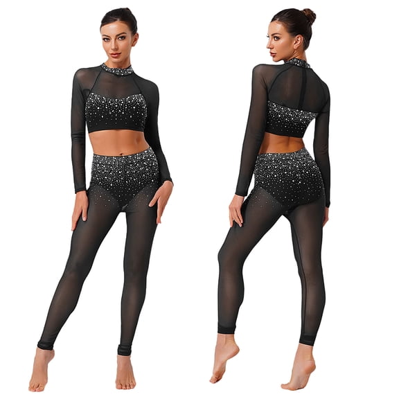 Sholeno Women's Rhinestone Long Sleeve Crop Top with Pants for Figure Skating Gymnastics Workout Black M