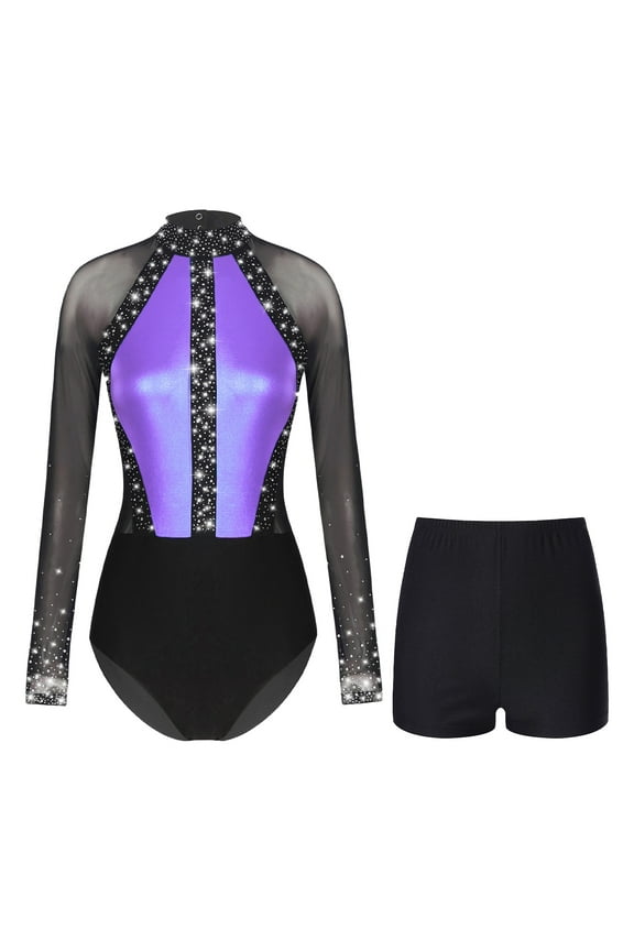 Women's Rhinestone Sheer Mesh Gymnastics Leotard Bodysuit Tops with Shorts Party Dance Light Purple S