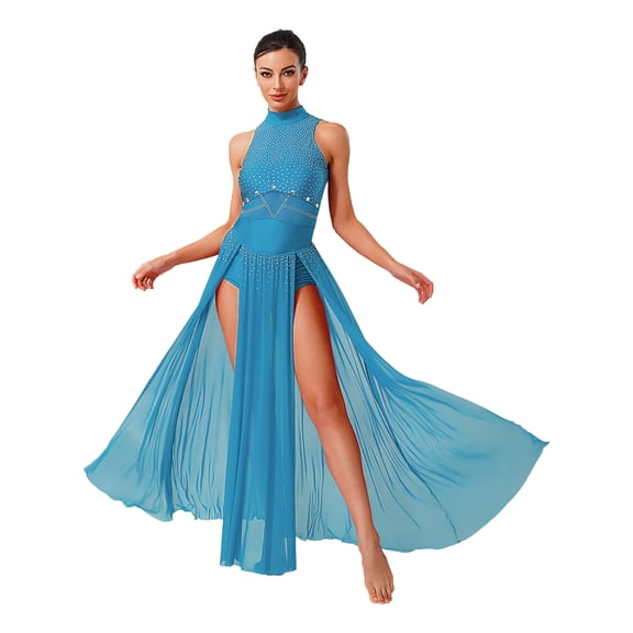 Sholeno Women's Rhinestone Shiny Lyrical Dance Dress Sleeveless Split Maxi Dresses for Modern Dancing Light Blue L