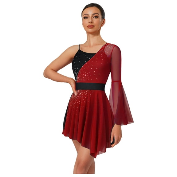 Sholeno Women's Shiny Figure Skating Dress Single Flared Sleeve Asymmetrical Lyrical Ballet Leotard Dress Red L