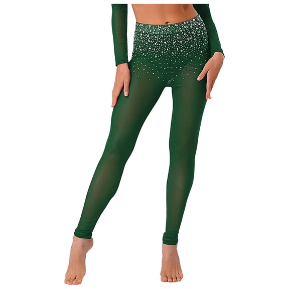 Sholeno Women's Shiny Rhinestone Dance Pants High Waist Mesh Athletic Leggings Built-in Briefs Dark Green XL