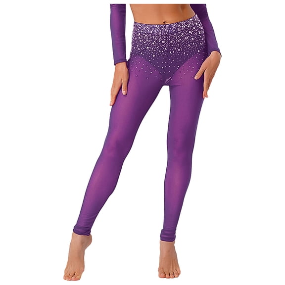 Sholeno Women's Shiny Rhinestone Dance Pants High Waist Mesh Athletic Leggings Built-in Briefs Purple S