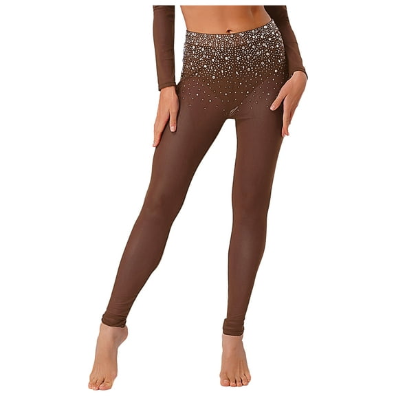 Sholeno Women's Shiny Rhinestone Dance Pants High Waist Mesh Athletic Leggings Built-in Briefs Umber XXL