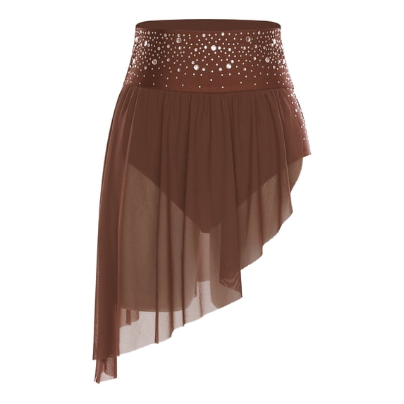 Sholeno Women's Shiny Rhinestone Lyrical Dance Skirt High Low Hem Mesh Flowy Dancing Skirt Umber M
