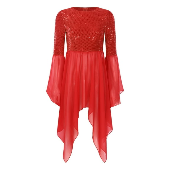 Sholeno Women's Shiny Sequins Liturgical Praise Dance Dress Flared Sleeve Worship Costume with Maxi Red L