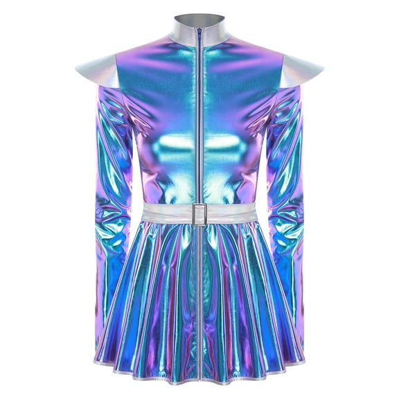 Sholeno Women's Space Alien Costumes Vintage Adult Shiny Robot Dress with Belt for Dress-up Party Blue M