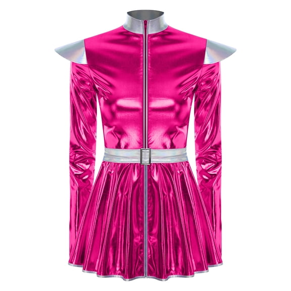 Sholeno Women's Space Alien Costumes Vintage Adult Shiny Robot Dress with Belt for Dress-up Party Hot Pink S