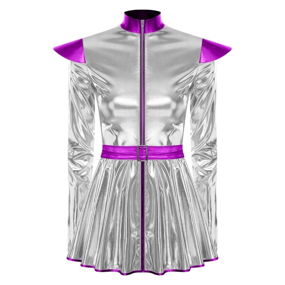 Sholeno Women's Space Alien Costumes Vintage Adult Shiny Robot Dress with Belt for Dress-up Party Silver S