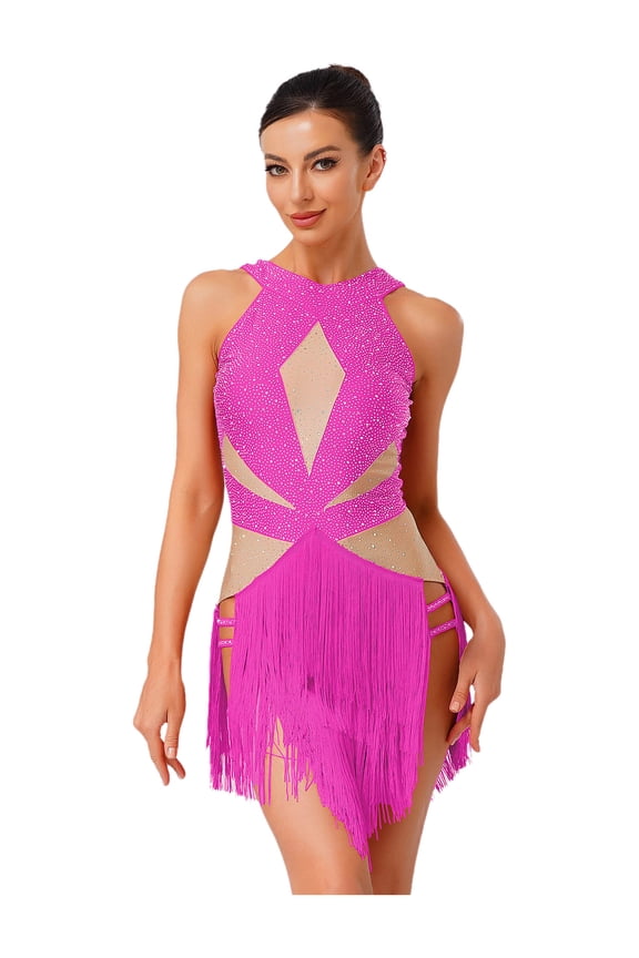 Womens Ballroom Latin Salsa Dance Dress Halter Neck Sleeveless Backless Fringe Bodysuit Hot Pink XL