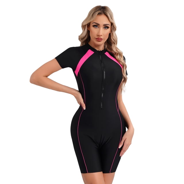 Sholeno Womens Boyleg One Piece Rashguard Padded Swimsuit UPF 50+ Zip Up Surfing Swimwear Wetsuits Black Hot Pink M