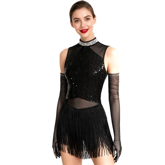 Sholeno Womens Glitter Sequins Tassel Ballroom Latin Dance Leotards with Gloves Modern Dance Dress Outfits Black S
