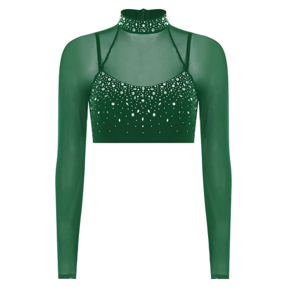 Sholeno Womens Glittery Rhinestone Dance Crop Tops Mesh Long Sleeve Pullover Cropped Shirt Dancewear Dark Green XXL