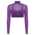 thumbnail image 1 of Sholeno Womens Glittery Rhinestone Dance Crop Tops Mesh Long Sleeve Pullover Cropped Shirt Dancewear Purple M, 1 of 5