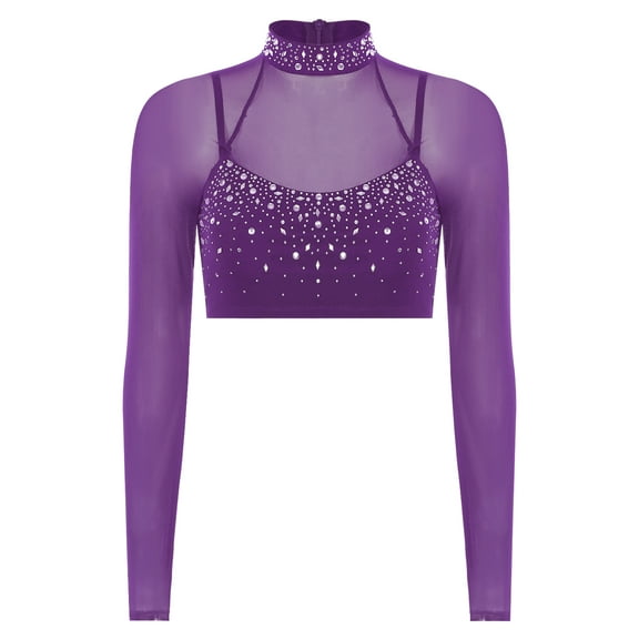 Sholeno Womens Glittery Rhinestone Dance Crop Tops Mesh Long Sleeve Pullover Cropped Shirt Dancewear Purple XXL