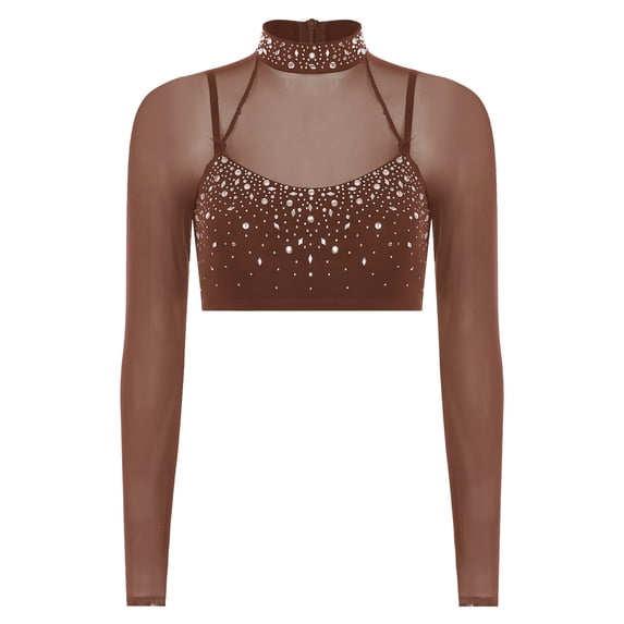 Sholeno Womens Glittery Rhinestone Dance Crop Tops Mesh Long Sleeve Pullover Cropped Shirt Dancewear Umber M