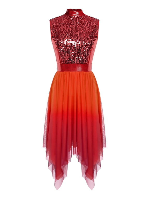 Womens Glittery Sequin Worship Praise Tunic Overlays Gradient Mesh Irregular Hem Lyrical Liturgical Dance Dress Red L