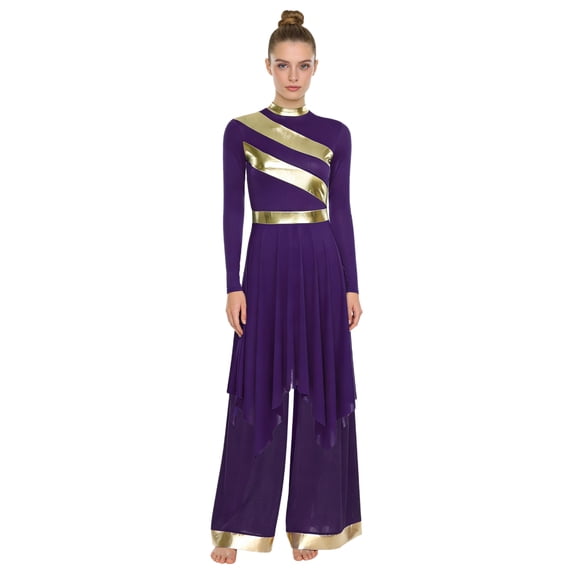 Sholeno Womens Liturgical Praise Dance Outfits Worship Dancewear Overlay Dress with Wide-Leg Pants 2-Piece Sets Purple XXL
