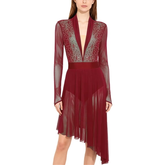 Sholeno Womens Rhinestones Lyrical Dance Dress Long Sleeve Mesh Ruffled V-Neck Skating Dancing Show Dresses Burgundy M